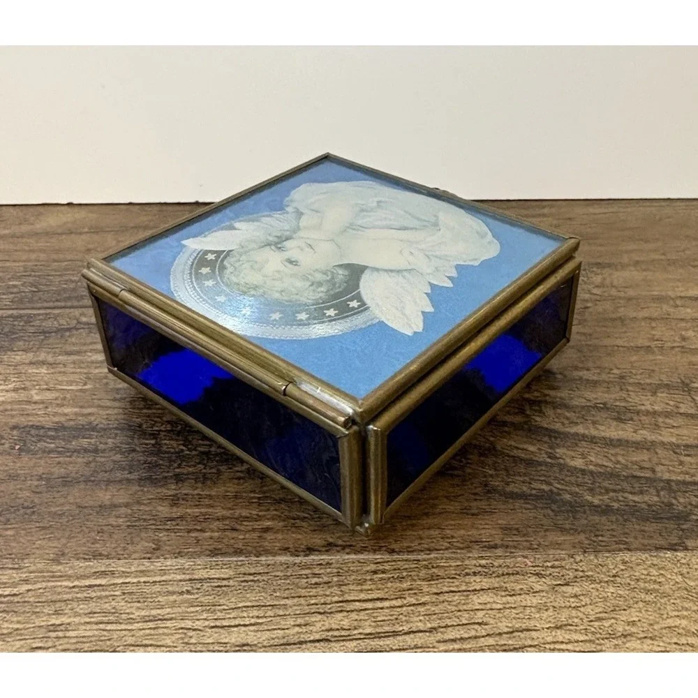 Vintage Iridescent Angel Trinket Jewelry Box Thomas Cathey Metal Glass Blue
